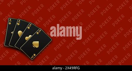 Hintergrund des roten Pokertisches. Vektor-Illustration Poker aller Asse. Eine Hand gefächert mit Spielkarten, bestehend aus Pik-Ass, Diamanten, Schlägern, Herz Stock Vektor