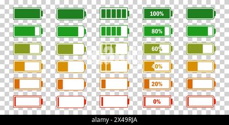 Symbolgruppe Akkuenergie-Füllstand. Leistungsstark volle Akkus mit niedrigem Ladezustand. Konzept der energetischen Wiederverwendung. Alkali-Tags. Batterieladepunkt, Aufladen Stock Vektor