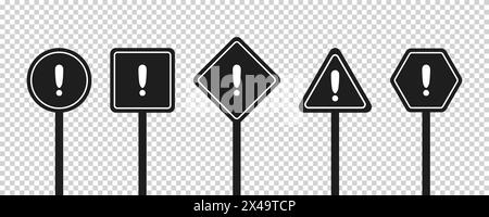 Set aus runden, quadratischen, rhombischen, dreieckigen und sechseckigen schwarzen Straßenschildern mit Ausrufezeichen. Warnschild. Vektorsymbole für Warnungen über den Standort Stock Vektor