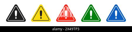 Satz dreieckiger schwarzer, gelber, roter, grüner und blauer Straßenschilder mit Ausrufezeichen. Warnschild. Vektorsymbole zur Warnung vor der Situation an Stock Vektor