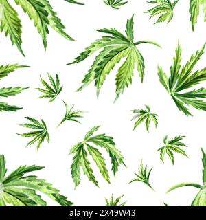 Cannabisblätter. Hand gezeichnetes nahtloses Aquarellmuster isoliert auf weißem Hintergrund Stockfoto