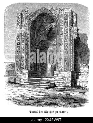 Eine künstlerische Darstellung der Ruinen des Eingangsportals der Blauen Moschee in Tabriz, Iran, die im 15. Jahrhundert erbaut wurde und das Wesen seiner atemberaubenden architektonischen und künstlerischen Errungenschaften festlegt. Dieser große Iwan steht hoch, eingerahmt von aufwendig geschnitzten Bögen, die über ihnen schweben, mit detaillierter islamischer Kalligraphie und einem Wandteppich aus floralen und geometrischen Motiven verziert. Das gesamte Portal ist mit einer atemberaubenden Auswahl an azurblauen und Saphirmosaikfliesen bedeckt, die unter dem Sonnenlicht schimmern und den Spitznamen der Moschee „Blaue Moschee“ widerspiegeln. Das Bildmaterial würde die Tiefe und Komplexität der Kachel zeigen Stockfoto