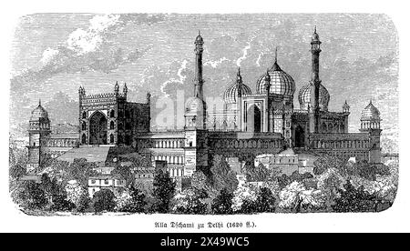 JAMA Masjid von Delhi ist eine der größten und prächtigsten Moscheen Indiens. Diese 1656 unter der Schirmherrschaft des Mogulkaisers Shah Jahan fertiggestellte Moschee ist mit ihrem riesigen Innenhof, den imposanten Kuppeln aus rotem Sandstein und weißem Marmor und den zwei hoch aufragenden Minaretten ein prächtiges Beispiel der Mogularchitektur. Seine Präsenz beherrscht die Landschaft von Alt-Delhi und dient sowohl als zentraler Ort der Anbetung als auch als historisches Denkmal Stockfoto