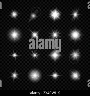 Lichteffekt von Linsenfackeln. Set aus sechzehn weißen leuchtenden Lichtern Starburst-Effekte mit Funkeln auf transparentem Hintergrund. Vektorabbildung Stock Vektor