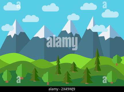Vektor Panorama Berg Cartoon Landschaft. Natürliche Landschaft im flachen Stil mit blauem Himmel, Wolken, Bäumen, Hügeln und Bergen mit Schnee auf dem pe Stock Vektor