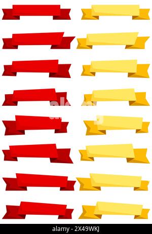 Set aus roten und gelben Zeichentrickbändern und Bannern für Webdesign. Großartiges Designelement isoliert auf weißem Hintergrund. Vektorabbildung. Stock Vektor
