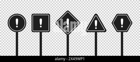 Set aus runden, quadratischen, rhombischen, dreieckigen und sechseckigen schwarzen Straßenschildern mit Ausrufezeichen. Warnschild. Vektorsymbole für Warnungen über den Standort Stock Vektor