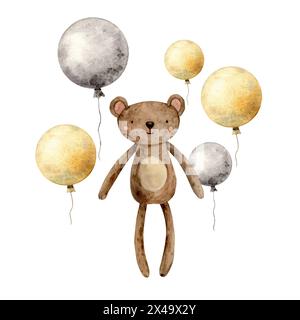 Aquarellkomposition mit einem Kinderspielzeug Braunbär und mehrfarbigen Ballons. Isolierte handgezeichnete Illustration für Kinderinnenraum, Karten, s Stockfoto