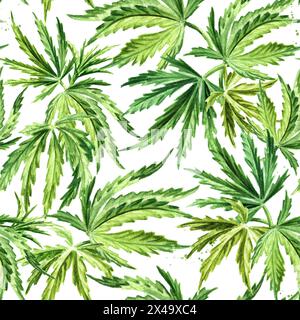 Cannabisblätter. Hand gezeichnetes nahtloses Muster mit Aquarell, isoliert auf weißem Hintergrund Stockfoto