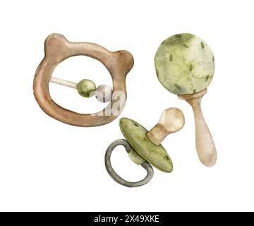 Aquarellset mit Babyprodukten für ein Baby, Schnuller, grüne Holzrasseln. Illustration handgezeichnet auf isoliertem Hintergrund für Karten, Innenseite, Aufkleber Stockfoto