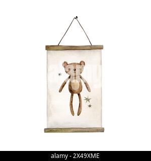 Weißes Poster in Holzrahmen mit einem Muster eines Braunbären und Sternen. Das Poster hängt an der Wand. Isolierte Aquarellillustration für Kinder Stockfoto