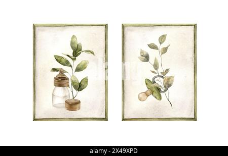 Set aus Bilderrahmen mit weißem Hintergrund und grünen Rahmen, Design mit grünen Pflanzen, Schnuller und Flasche. Isolierte Aquarellillustration für Kinder Stockfoto