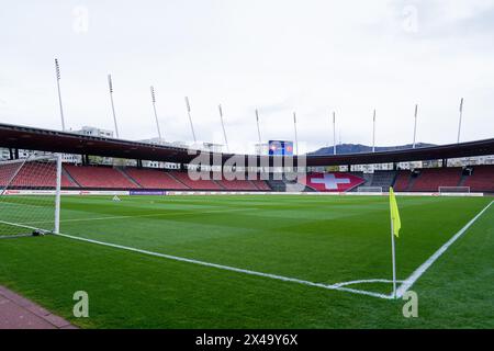 Zürich, Schweiz. April 2024. Zürich, Schweiz, 5. April 2024: Allgemeiner Blick in das Stadion vor dem Fußballspiel der UEFA Womens European Qualifiers zwischen der Schweiz und der Türkei im Letzigrund Stadion in Zürich, Schweiz. (Daniela Porcelli/SPP) Credit: SPP Sport Press Photo. /Alamy Live News Stockfoto