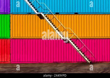 Weiße Stahltreppe auf Regenbogenbehälterhintergrund. Industrie Stockfoto