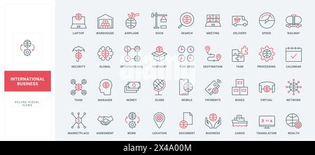 Symbole für internationale Geschäftsbereiche festgelegt. Suche nach Dienstleistungen für Zahlung, Lieferung und Marktplatz Lager, Besprechungskalender und Vereinbarung dünne schwarze und rote Umrisssymbole Vektorillustration Stock Vektor