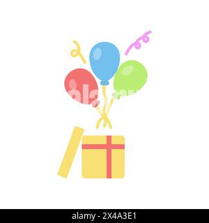 Ballons mit Geschenk Vektor Farbe Helles Symbol. Farbiges Urlaubslogo. Vektorsymbol von Konfetti mit Kastenvektor. Geschenkkarton-Symbol. Stock Vektor