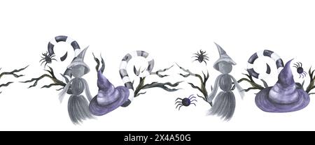Halloween horizontale nahtlose Grenze aus Dornzweigen und Hexe, Hut und abgestreiftem Wirbel. Aquarell handgezeichnet isolierte Illustration auf Schwarz Stockfoto
