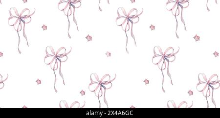 Nahtloses Muster. Zarte rosafarbene Flieder-Bögen und Gebäcksterne. Aquarellabbildung. Weißer Hintergrund. Für Verpackungen, Tapeten, Küche und Kinder Stockfoto
