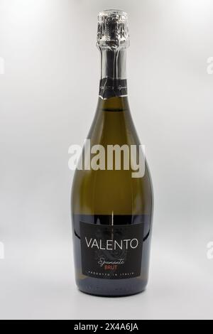 Kiew, Ukraine - 20. Mai 2023: Studio-Shooting von italienischer Valento Spumante Brut-Weinflasche Nahaufnahme vor weißem Hintergrund. Stockfoto