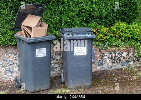 Mülltonne, Mülltonnen voller Pappe Stockfoto