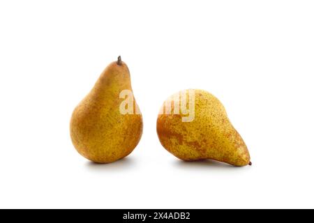 Zwei reife saftige Birnenfrüchte mit weichem Schatten isoliert auf weißem Hintergrund mit Schnittpfad. Stockfoto