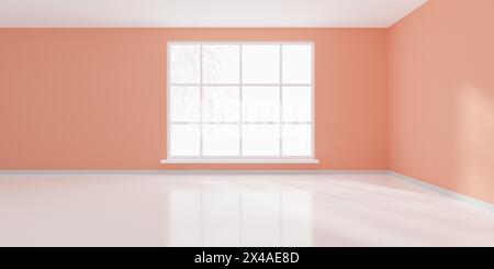 Leerer weißer Innenraum mit pastellfarbenen lachsfarbenen Wänden, Fenster und reflektierendem Boden, Hintergrund moderner Architekturvorlage, 3D-Illustration Stockfoto