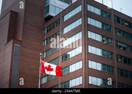 Dieses Bild fängt das dynamische Wesen des Unternehmens Kanada ein und zeigt das ikonische Ahornblatt-Emblem, das stolz vor dem Hintergrund des modernen C flattert Stockfoto