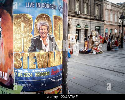 Bild eines Posters, das das Konzert von Rod Stewart in belgrad, Serbien, fördert. Sir Roderick David Stewart CBE ist ein britischer Rock- und Popsänger und Song Stockfoto