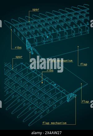Stilisierte Vektordarstellung von Flugzeugflügelstruktur und Klappen-Systemen Zeichnungen Stock Vektor