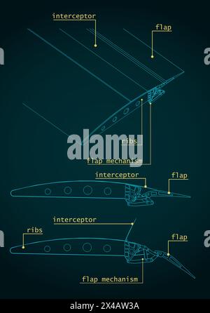 Stilisierte Vektordarstellung von Flugzeugflügelstruktur und Klappen-Systemen Zeichnungen Stock Vektor