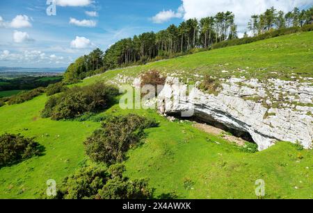 GOP Hill, in der Nähe von Trelawnyd, Nordwales. Kalksteinhöhlen unterhalb der Südflanke des GOP Hill Cairn. Fundort neolithischer bis bronzezeitlicher Beerdigungen Stockfoto