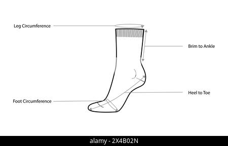 Diagramme von Sockenabmessungen mit Textnamen. Strumpfwaren Mode Accessoire Kleidung technische Illustration Strumpf. Vektor-Vorderseite, Seitenansicht für Männer, Frauen, Unisex-Stil, flache Vorlage CAD-Modellskizze Stock Vektor