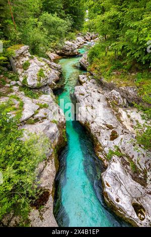 Fantastische Soca-Schlucht in den slowenischen Alpen. Große Soca-Schlucht (Velika korita Soce), Triglav-Nationalpark, Slowenien. Großer Canyon des Soca River, Bovec, Stockfoto