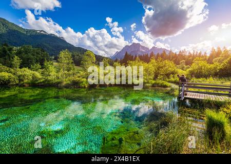 Wunderbarer Blick auf das Naturschutzgebiet Zelenci in Slowenien. Naturschutzgebiet Zelenci, Krajnska Gora, Slowenien, Europa. See und Wald in Zelenci Springs, Kra Stockfoto