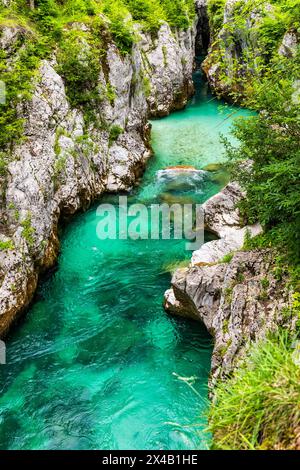 Fantastische Soca-Schlucht in den slowenischen Alpen. Große Soca-Schlucht (Velika korita Soce), Triglav-Nationalpark, Slowenien. Großer Canyon des Soca River, Bovec, Stockfoto