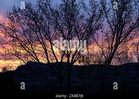 Moab, Utah, USA. Mai 2024. Ein dramatischer Sonnenuntergang in der hohen Wüste sorgt am Colorado River in der Nähe von Moab, Utah, für leuchtende Frühlingsfarben. Quelle: csm/Alamy Live News Stockfoto