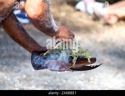 Ritualfeuer mit grünem Ast, Rauch und Feuer, das Ritualritual bei einer indigenen Gemeinde in Australien Stockfoto