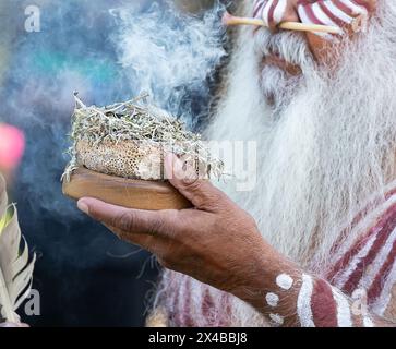 Ritualfeuer mit grünem brennendem Ast, Rauch und Feuer, das Ritualritual bei einer indigenen Gemeinde in Australien Stockfoto