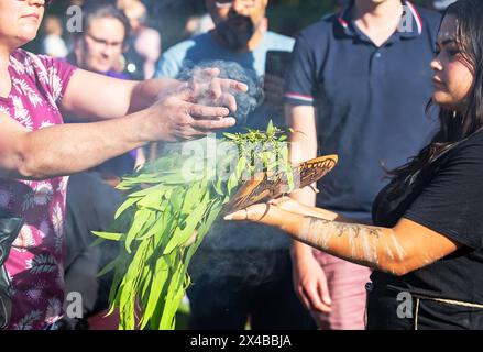 Ritualfeuer mit grünem brennendem Ast, Rauch und Feuer, das Ritualritual bei einer indigenen Gemeinde in Australien Stockfoto