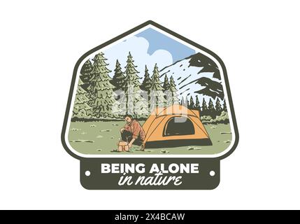 Camping allein in der Natur. Vintage-Retro-Logo für Outdoor-Illustrationen Stock Vektor