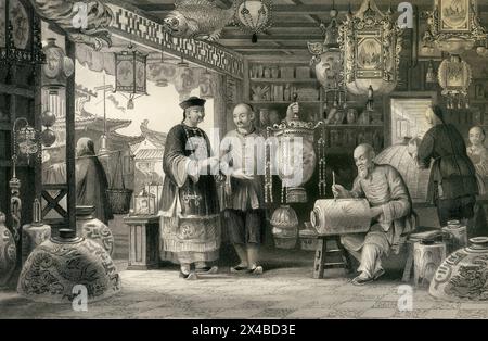 Ausstellungsraum eines Laternen-Händlers, in Peking / Peking China / gezeichnet von T. Allom mit Gravur von F F. Walker Stockfoto
