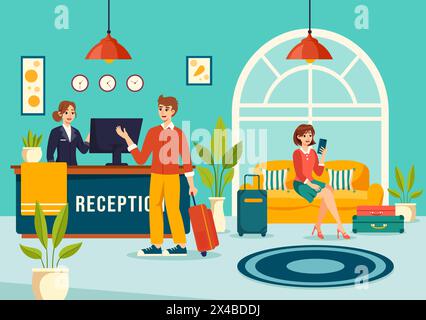 Hotelrezeption Innere Vektor-Illustration mit Rezeptionisten Menschen und Reisenden für die Buchung in Flat Cartoon Hintergrund Stock Vektor