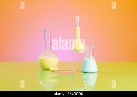 Minimales Konzept mit Laborgeräten – erlenmeyerkolben und Siedekolben mit Farbflüssigkeit, dekoriert auf Farbhintergrund. Transparentes Podiu Stockfoto