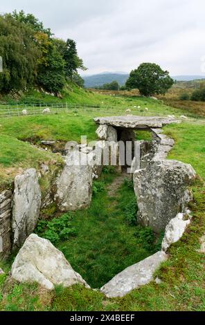 Capel Garmon neolithische Grabkammer im Severn-Cotswold-Stil. Blick über die zentralen Kammern vom östlichen gehörnten Ende des Hügels. Conwy, Wales Stockfoto