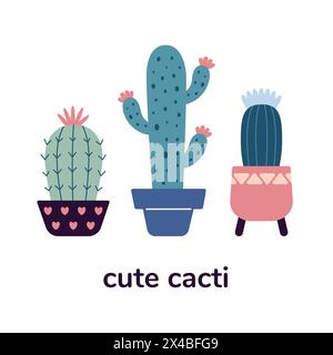 Set blühender Kakteen, Sukkulenten in Töpfen. Niedlicher Karikaturkaktus. Doodle-Stil, flaches Design. Skandinavischer Boho-Stil. Illustration der Vektorpostkarte. Exotische und tropische Pflanzen, Wohnkultur Stock Vektor