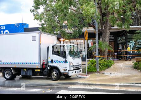 Am Donnerstag, den 2. Mai 2024, nach starken Regenfällen in Sydney und New South Wales, wurde das Sydney Village Avalon Beach teilweise überflutet, nachdem eine Wasserleitung verstopft hatte. Die Wasserversorgungsunternehmen von Sydney besuchten den Schauplatz, während die Bewohner entweder ihre Geschäfte schlossen oder Sandsäcke benutzten, um das Wasser abzulenken, Sydney, NSW, Australien. Martin Berry bei alamy Live News. Stockfoto