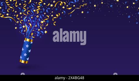Feiertagshintergrund mit Partypopper und leerem Platz für Text. Realistische 3D-Vektor-Illustration Set Zylinder mit fliegenden blauen und goldenen Konfetti. Feuerknacker mit Band und Sternschnurfeln. Stock Vektor