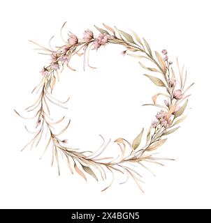 Aquarellboho pflanzt elegante Kränze Clipart. Hochzeit handbemalt beige getrocknete Zweige und rosa Blumen. Blumenrahmen für Hochzeitseinladungen Stockfoto