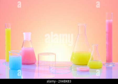 Laborgeräte mit Farbflüssigkeit, dekoriert auf Farbverlaufshintergrund. Die Petrischale ist umgedreht und bietet Platz für das Produkt. Recherchieren Stockfoto