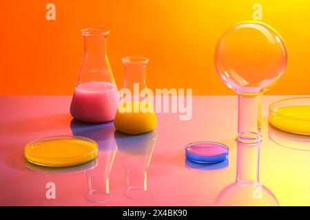 Ausrüstung des Chemielabors auf orangefarbenem Gradientenhintergrund. Erlenmeyer- und Kochkolben mit Petrischalen mit farbenfrohem Liqu Stockfoto